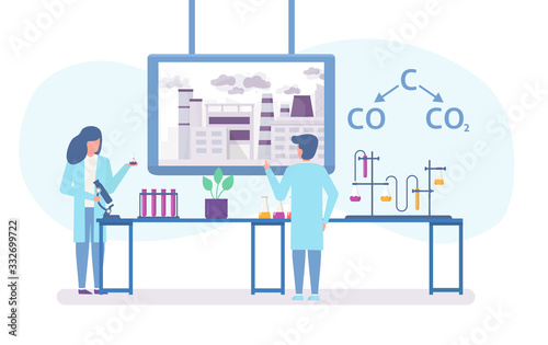 Chemical research in ecology of polluted city with scientists people and chemical formula of air polution flat vector illustration. Carbon dioxide emissions polutes air research concept.