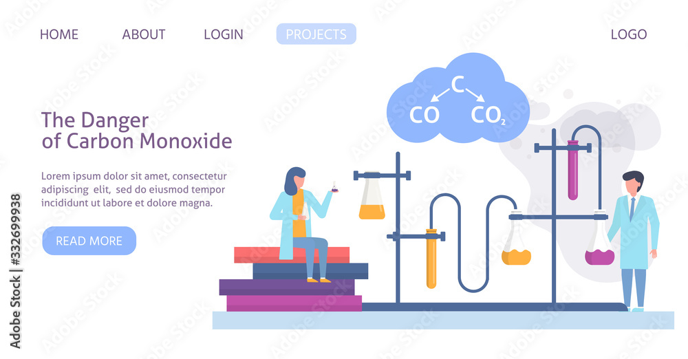 Chemical research in ecology of polluted city with scientists people and chemical formula of air polution web site template vector illustration. Carbon monoxide polutes air web research concept.