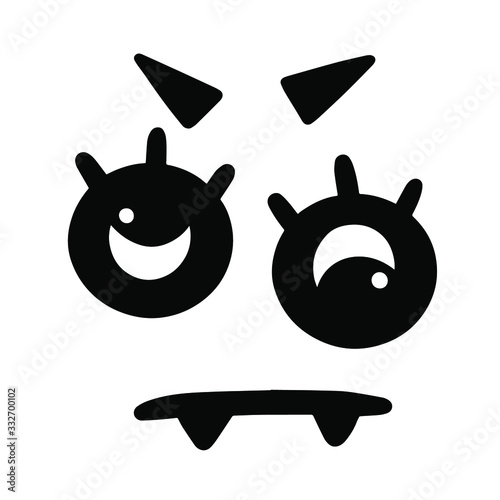 Funny monster face on a white background. Black and white vector illustration of a face with round big eyes, small eyebrows and protruding teeth. Isolated object for print, poster.