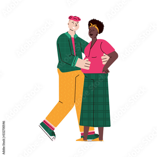 Embracing young man and pregnant woman, cartoon vector illustration isolated.
