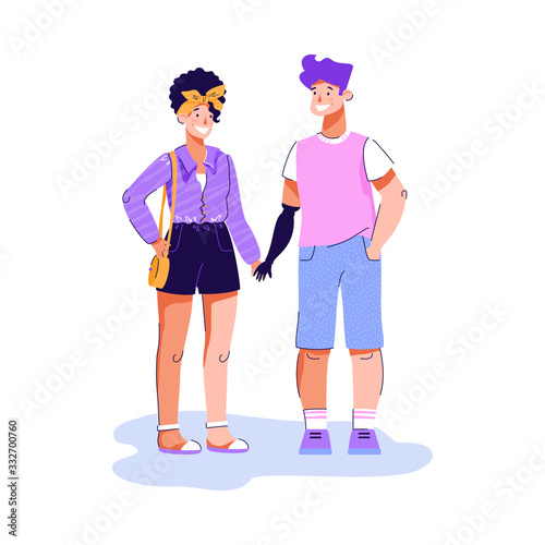 Disabled person with prosthetic arm holding girlfriend's hand