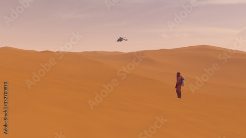 Sci-Fi Helicopter Flying Over Desert Sand Dunes with Person in a Hazmat Suits Observing it