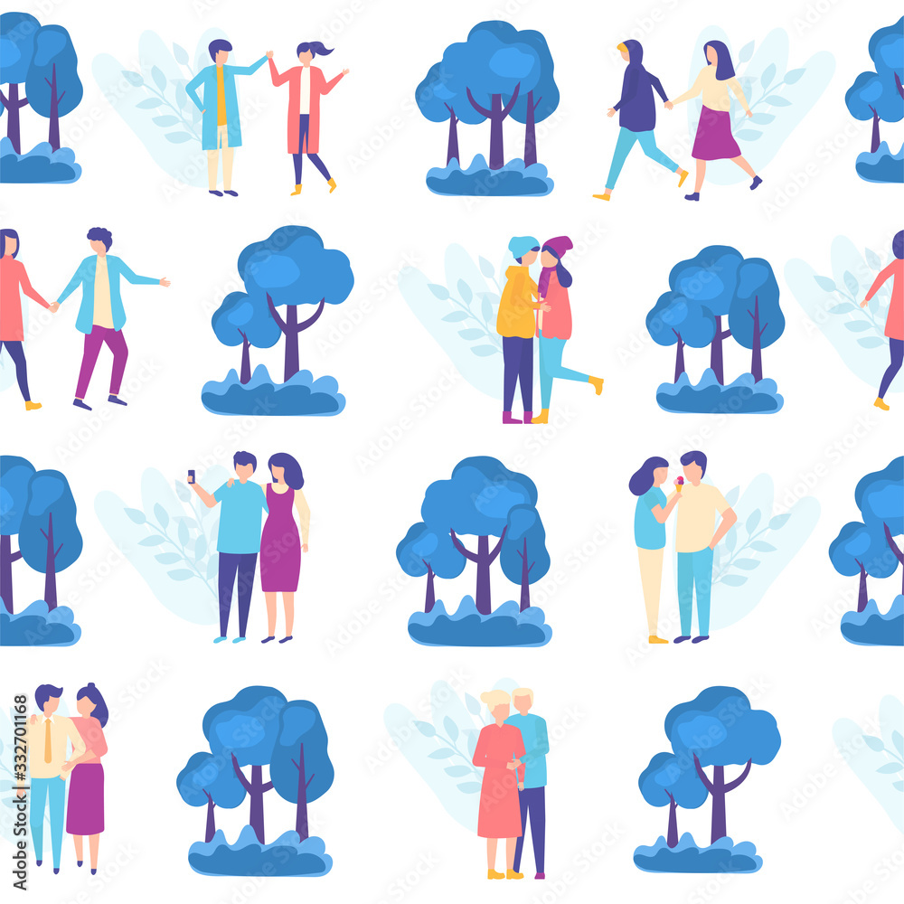 Fototapeta premium Lovers people in park seamless pattern, vector ilustration with romantic couples and trees. Ypung people in couples walking together. Wrapping paper or textile template.