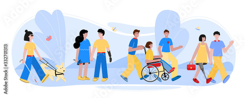 Disabled people walking with friends in summer nature