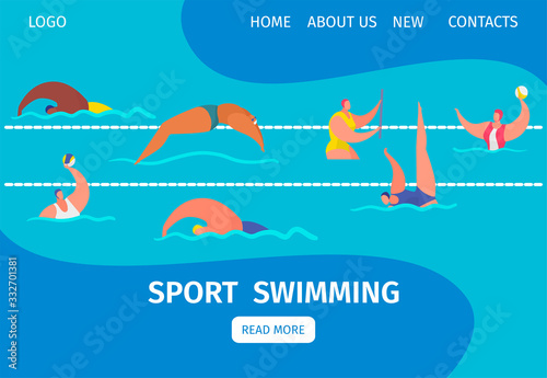 Swim sport web banner with people professional swimmers in swimming pool, cartoon vector illustration. Diving, water polo and swimming sport activity, fitness webpage.