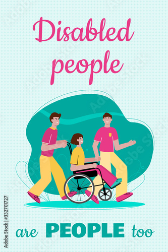 Disabled people are people too - cartoon poster with happy girl in wheelchair
