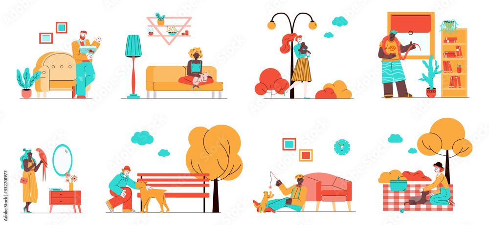 Set of pets owners with animals flat cartoon vector illustration isolated.