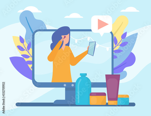 Video beauty blog in internet online vector illustration live video streaming, social media technologies. Girl training course in beauty and cosmetics, blogging people and multimedia, televison.