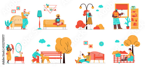 Set of pets owners with animals flat cartoon vector illustration isolated.