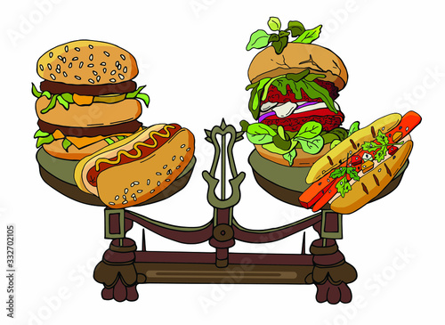 Self-control. Choice of fast food meat or vegetable. Scales, burger, hot dog, vegetable burger with beetroot, hot dog with carrot sausage. Cartoon style illustration. Stock illustration.