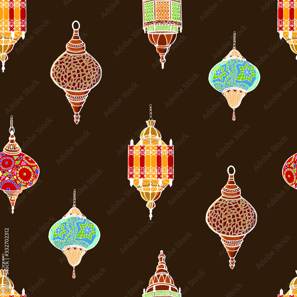 Seamless pattern lanterns for Ramadan holiday. Performed in colored cartoon style. Stock illustration. Seamless pattern lanterns for Ramadan holiday. Performed in colored cartoon style. Stock illustration.
