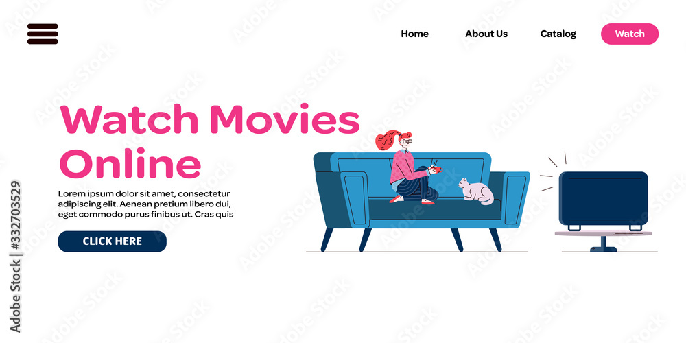Watch movies online - flat banner with cartoon woman watching TV sitting on sofa Watch movies online - flat banner with cartoon woman watching TV sitting on sofa