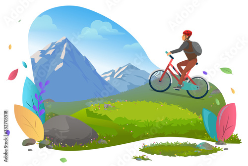 Traveling character on bike vector, biker wearing protective helmet, man on mountains. Hobby of personage active lifestyle, landscape nature hills