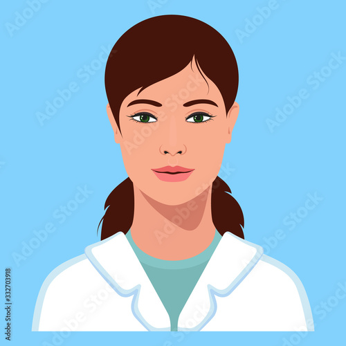 Young beautiful European woman physician avatar. Healthcare personal. Therapist. Hospital nurse. Vector Illustration.