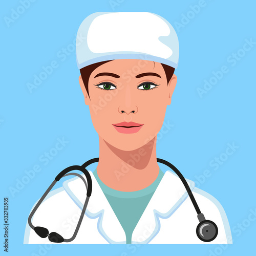 Beautiful European woman physician,  with stethoscope avatar set. Healthcare personal. Therapist. Hospital nurse. Vector Illustration.