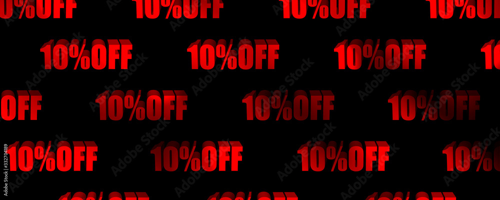 wide pattern of three dimensional red text ten percent off on black background 3D illustration