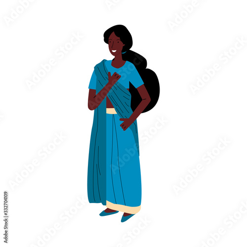 Indian woman with dark skin wearing blue sari - traditional dress from India.