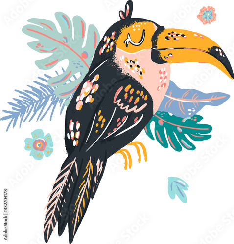 Toucan cute doodle hand drawn flat vector illustration. Wild rainforest animal vector poster floral background.Grass branches with leaves, flowers and spots design element. Tropical jungl.