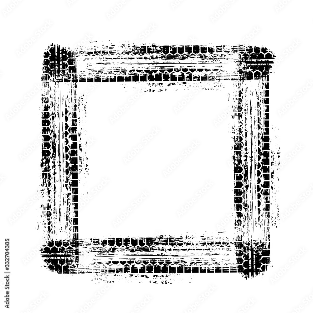 Tire track square frame isolated on white backdrop