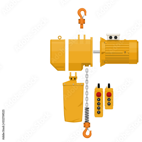Set of electrical hoist component on white background.