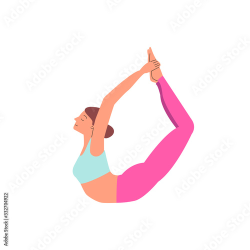 Cartoon woman in bow yoga pose stretching her legs - dhanurasana exercise.