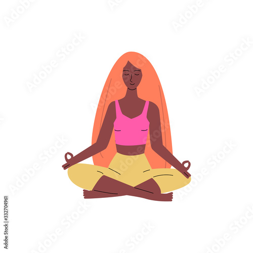 Cartoon woman sitting in yoga meditation pose and smiling