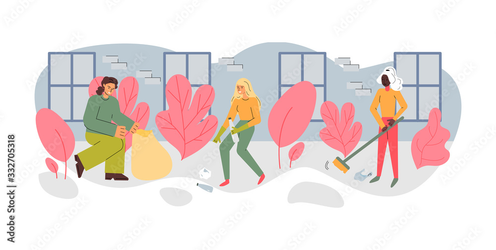 Volunteers people characters cleaning street sketch vector illustration isolated.