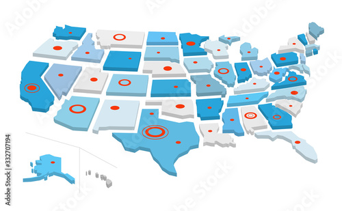 Mappa degli stati uniti con linee e cerchi rossi isolato sullo sfondo bianco photo
