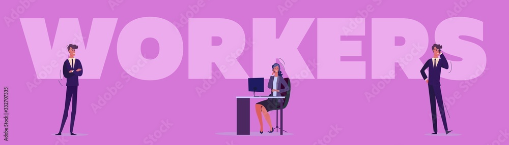 Office workers set. Managers working in office, talking on cellphone, presenting report. Flat vector illustrations. Employee, business project concept for banner, website design or landing web page Office workers set. Managers working in office, talking on cellphone, presenting report. Flat vector illustrations. Employee, business project concept for banner, website design or landing web page