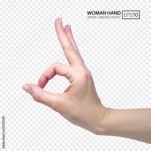 3d female hand shows okay. Realistic vector illustration on transparent background. EPS10 with mesh gradients.