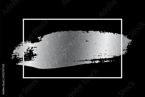 Silver paint smear stain with white frame. Vector metal brush stroke design element.