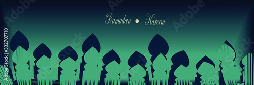 Fototapeta Ramadan Kareem horizontal banner. Vector Illustration for greeting card, poster and voucher. concept horizontal banner with islamic traditional patterns. Silhouette muslim mosque blue background