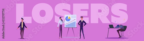 Office losers set. Useless puzzled employees sleeping at workplace, shrugging, questions. Flat vector illustrations. Inefficient manager, failure concept for banner, website design or landing web page