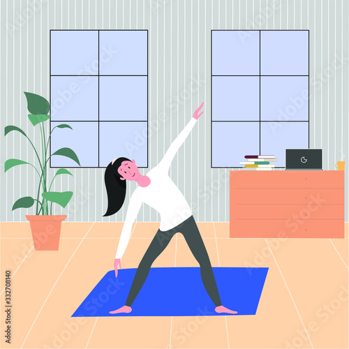 girl doing fitness exercises in the living room Vector Illustration.