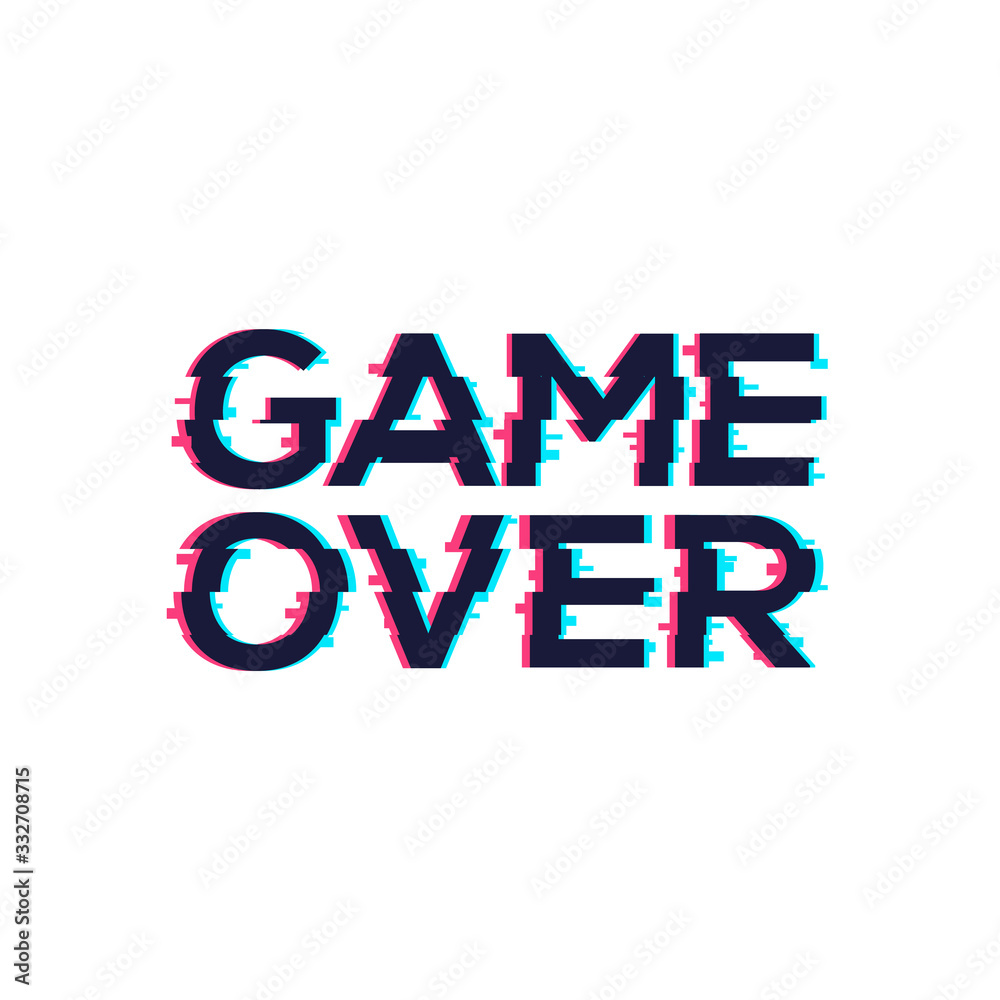 Game Over glitch pattern retro background. Video game screen vhs 80s vector poster Game Over glitch pattern retro background. Video game screen vhs 80s vector poster