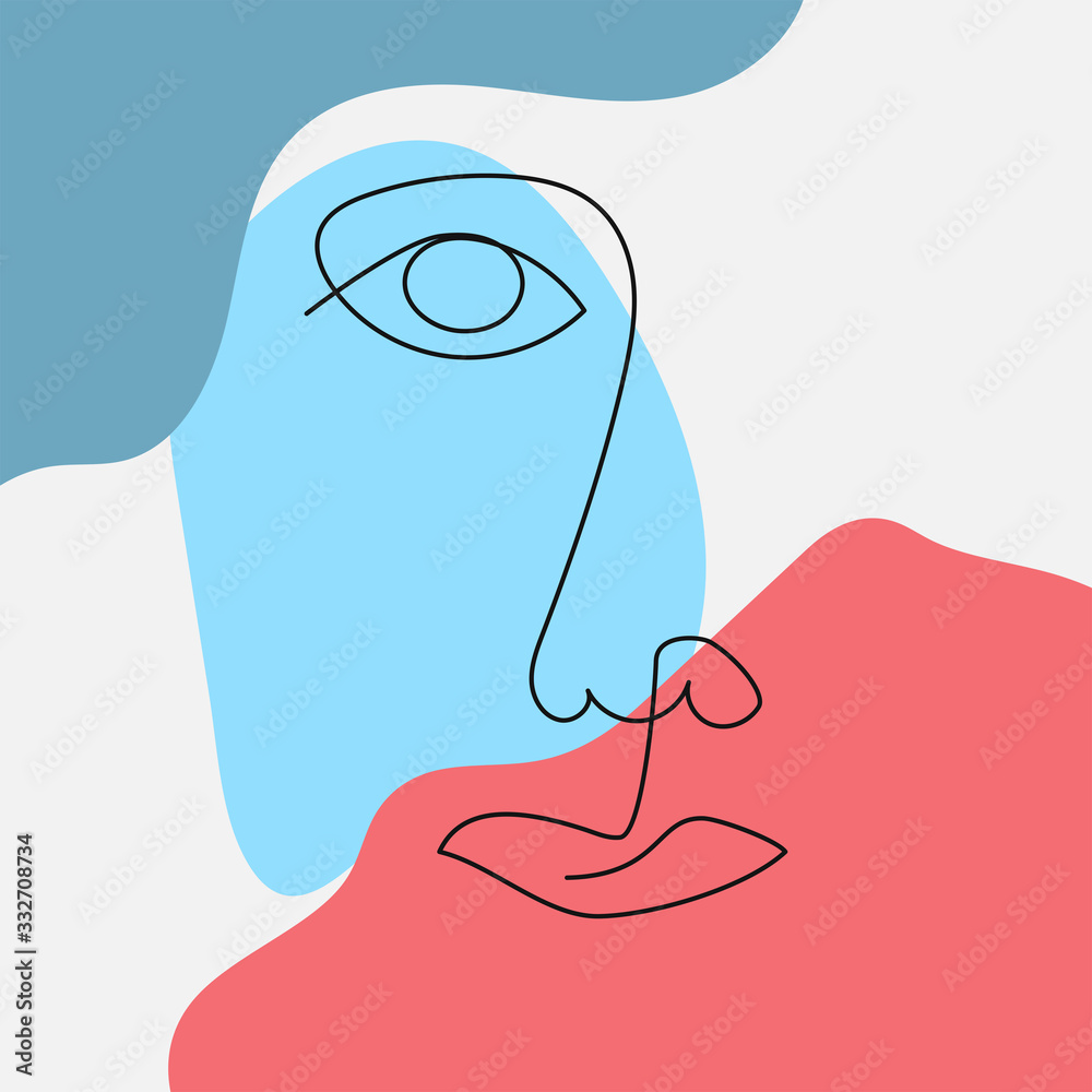 Sketch of a human face drawn by a continuous line on abstract color ...