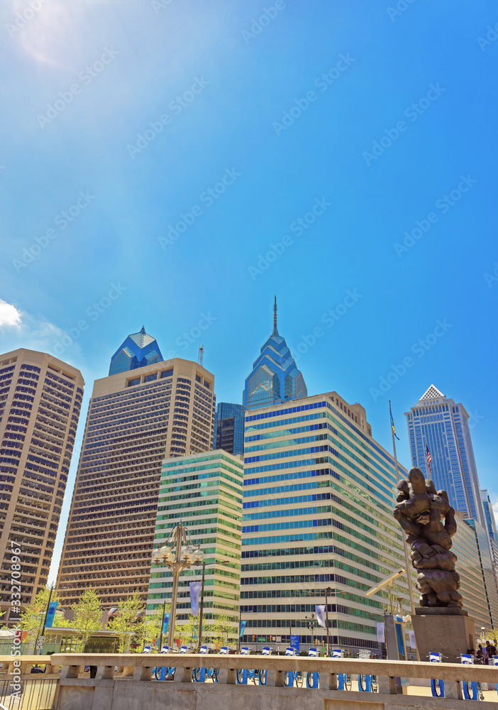 Government of the people sculpture and Skyline of skyscrapers Government of the people sculpture and Skyline of skyscrapers