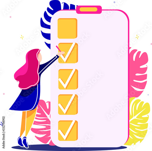 Girl stands near to a giant sheet of tasks and marks the completion of the next task marked checklist on a clipboard paper. concept of setting tasks goals and dreams. Flat vector .