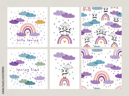 Hello spring. Cute pandas on a rainbow with an umbrella and funny clouds. Set of cards and seamless patterns. Baby design for kids apparel, nursery wall art, textile, wallpapers, gift wrap. Vector.