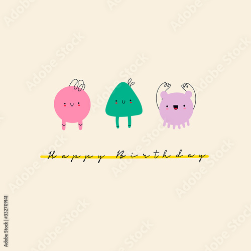 Hand drawn cute Tiny Little Doodle Monsters. Cheerful face emotions. Colorful Vector  Trendy illustration for kids. Happy Birthday greeting card photo