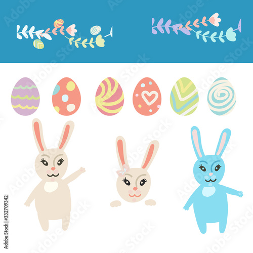 Set easter symbol in doodle stile. Bunny  floral brush  egg. Pastel colors