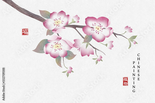 Chinese ink painting art background plant elegant flower peach blossom. Chinese translation : Plant and Blessing.