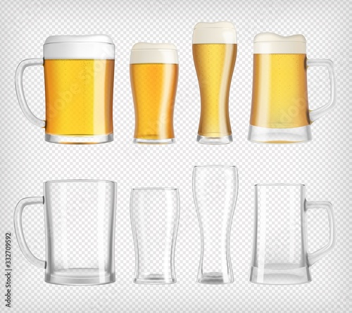 Four different lager beer glasses and mugs