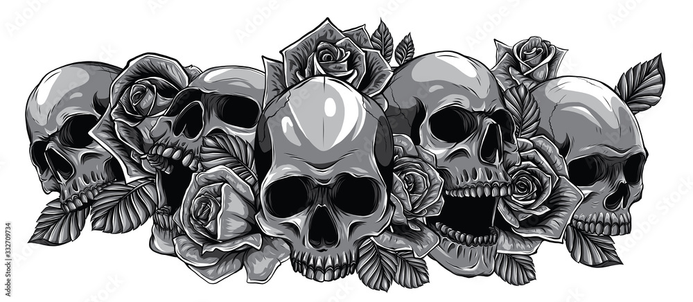 Monochromatic human skulls with roses on white background