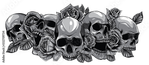 Monochromatic human skulls with roses on white background