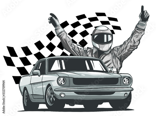 Monochromatic vector illustration of a race car driver in front of his car