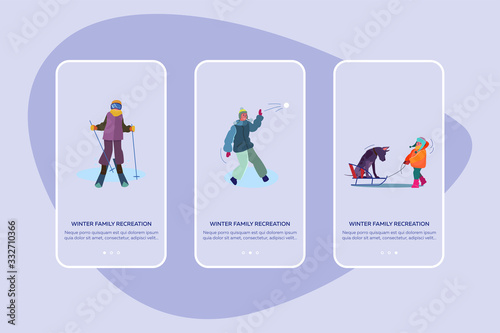 Winter family recreation set. Kids skiing, playing snowballs, country landscape with cottage. Flat vector illustrations. Vacation, activity concept for banner, website design or landing web page