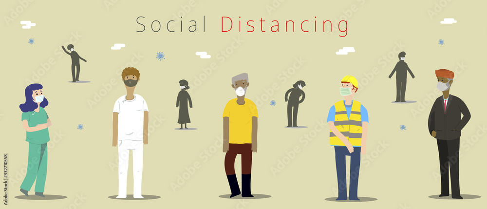 People of diversity standing far apart as in social distancing theme to prevent Covid-19 spreading. Flat design illustration of people from different background