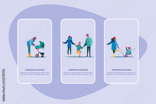 Christmas vacation set. Families and kids enjoying outdoor activities, country winter landscape. Flat vector illustrations. New year, countryside concept for banner, website design or landing web page