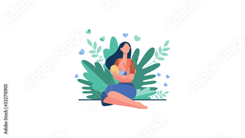 New mother feeding baby with breast. Young woman holding little child in arms. Vector illustration for breastfeeding, health, baby food, motherhood, care concept